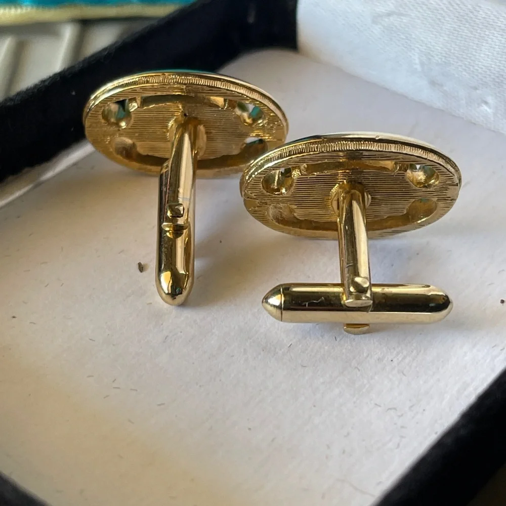 Vintage Genuine Mottled Green And White Jade Cufflink and Tie Tack Set